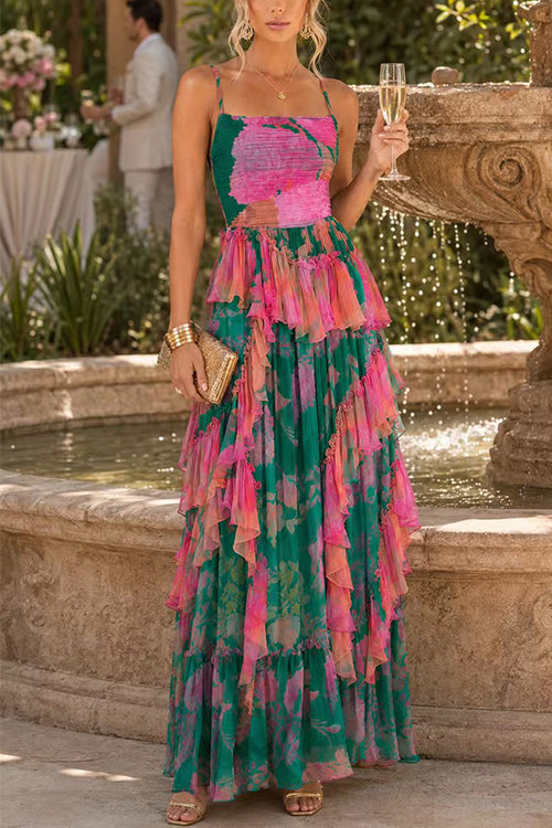 Spaghetti Strap High Waist Printed Ruffle Maxi Dress