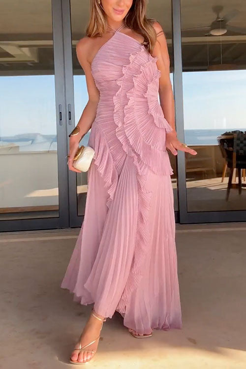 Karleedress Strappy Halter Neck Ruffle Trim Asymmetric Hem Pleated Maxi Dress
