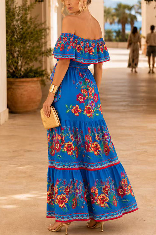 Karleedress Off Shoulder Bow Waist Floral Print Ruffle Maxi Dress