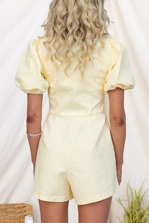 Puff Short Sleeves Front Zipper Up Pocketed Romper