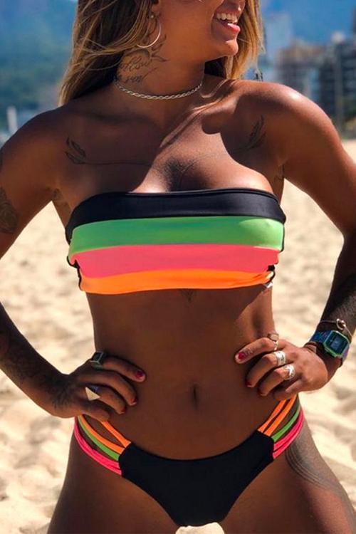 Karleedress Rainbow Striped Tube Top Bandeau Bikini Set