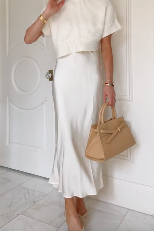 Karleedress High Rise Solid Satin Midi Skirt