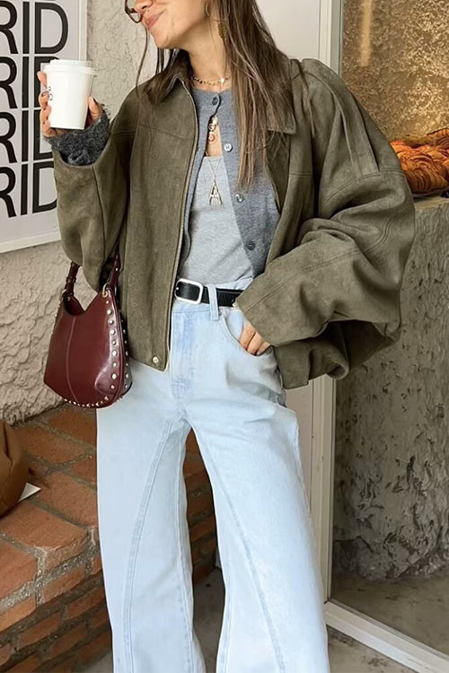 Karleedress Lapel Zip Up Trendy Bomber Jacket