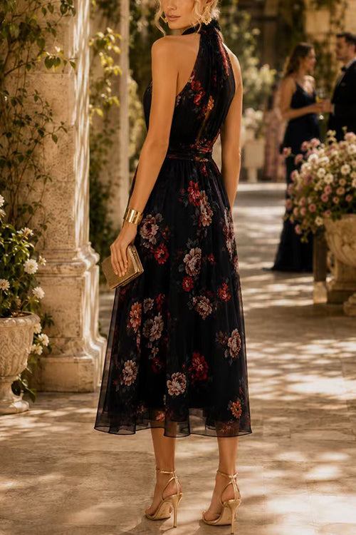 Karleedress Sleeveless High Waist Floral Print Flowy Midi Dress
