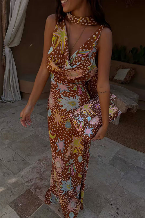 Karleedress Cowl Neck Open Back Printed Maxi Dress with Scarf