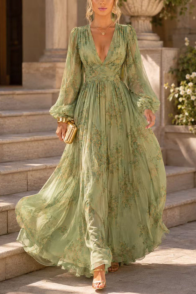 Karleedress Puff Long Sleeves Waisted Floral Print Maxi Dress