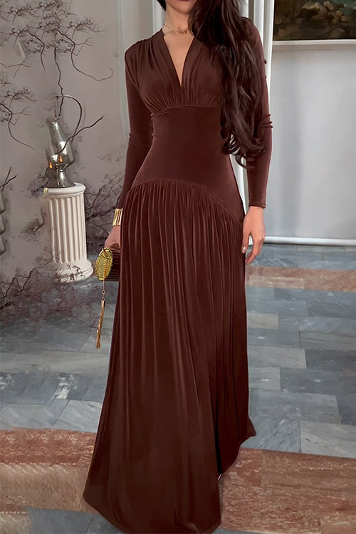 Karleedress V Neck Long Sleeves Waisted Velvet Maxi Dress