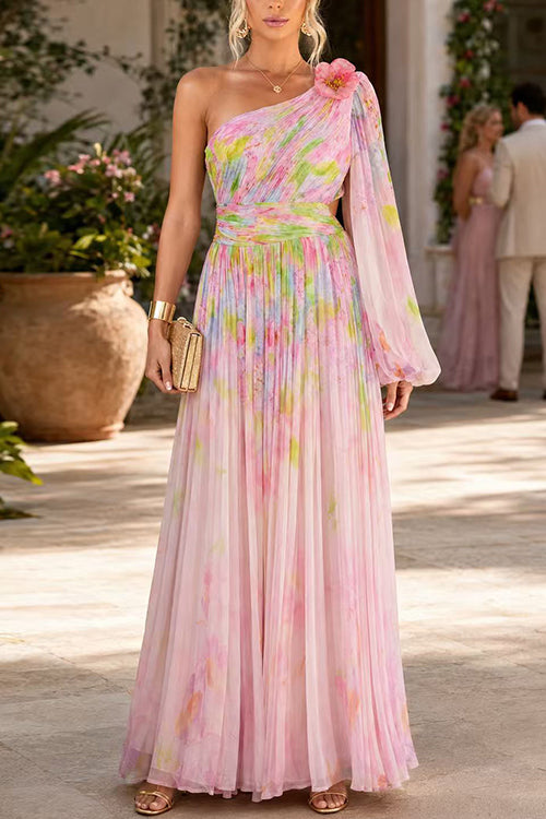 One Shoulder Puff Long Sleeve Cut Out Waist Printed Maxi Dress