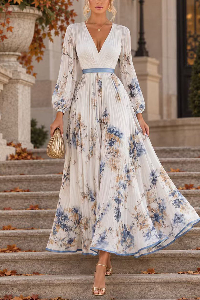 Karleedress V Neck Lantern Long Sleeves Floral Print Pleated Maxi Dress (A)