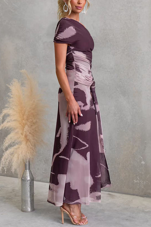 Asymmetrical Shoulder Draped Front Printed Maxi Dress