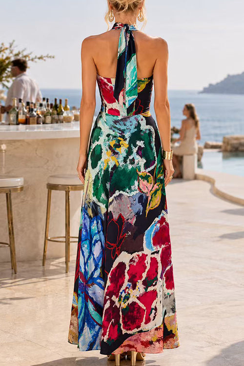 Halter Neck Abstract Floral Print Maxi Dress