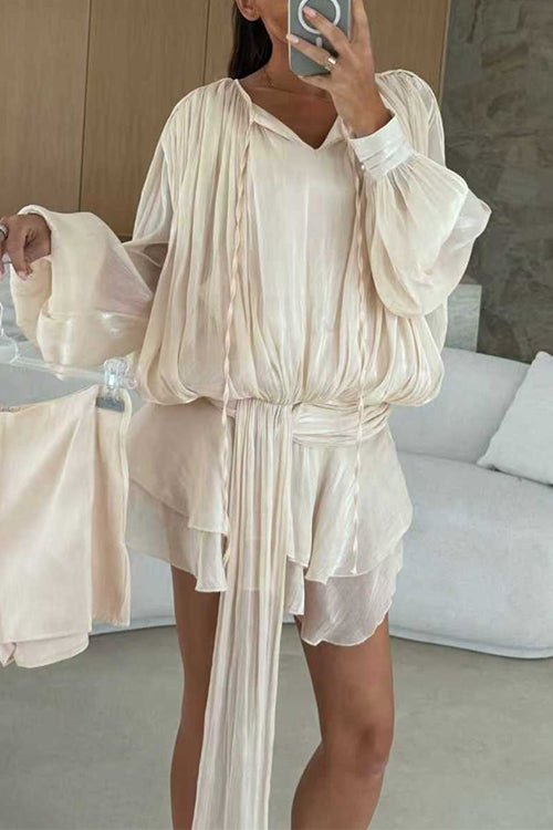 Karleedress Lantern Long Sleeves Draped Ruffle Layered Mini Dress with Shorts