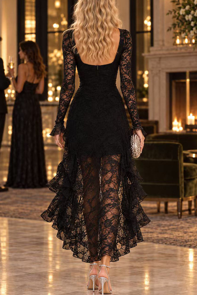 Karleedress Long Sleeve High-Low Ruffle Hem Lace Dress