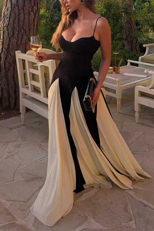 Karleedress Spaghetti Strap Low Cut Color Block Swing Maxi Dress