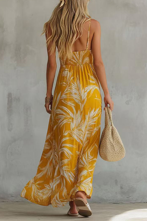 Karleedress Spaghetti Strap V Neck Printed Chiffon Maxi Dress