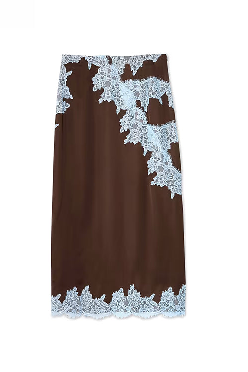 Chic High Waist Lace Trim Satin Maxi Skirt