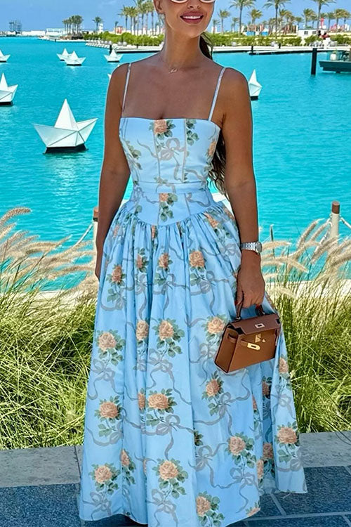 Karleedress Spaghetti Strap Waisted Floral Print A-line Maxi Dress