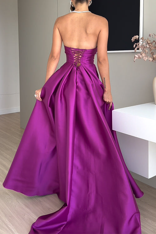 Karleedress Strapless Lace-up High Slit Satin Maxi Party Dress