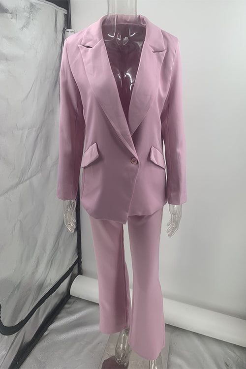 Karleedress One Button Pocketed Blazer and Straight Leg Pants Power Suit Set