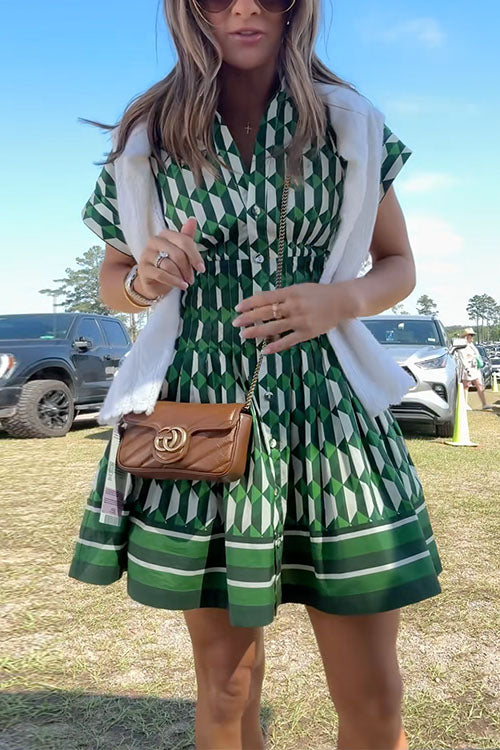 Short Sleeves Button Up Geometric Print Mini Dress