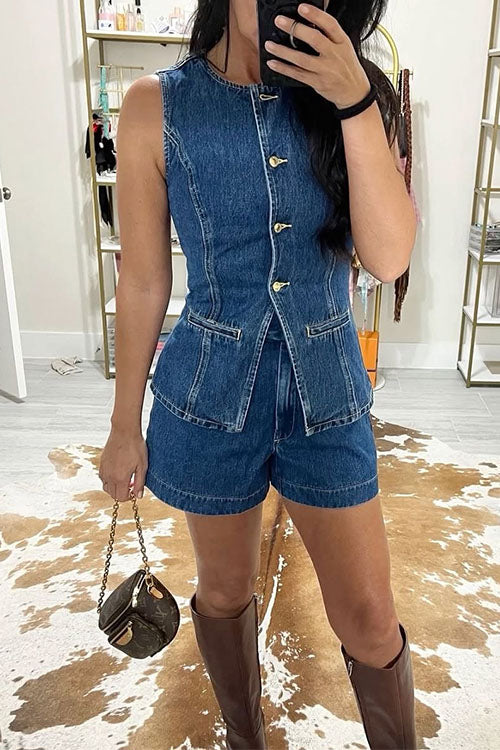 Karleedress Sleeveless Button Up Top and High Rise Shorts Denim Set