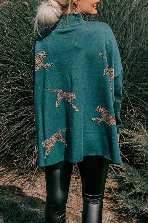 Karleedress High Neck Side Slit Cheetah Pattern Sweater