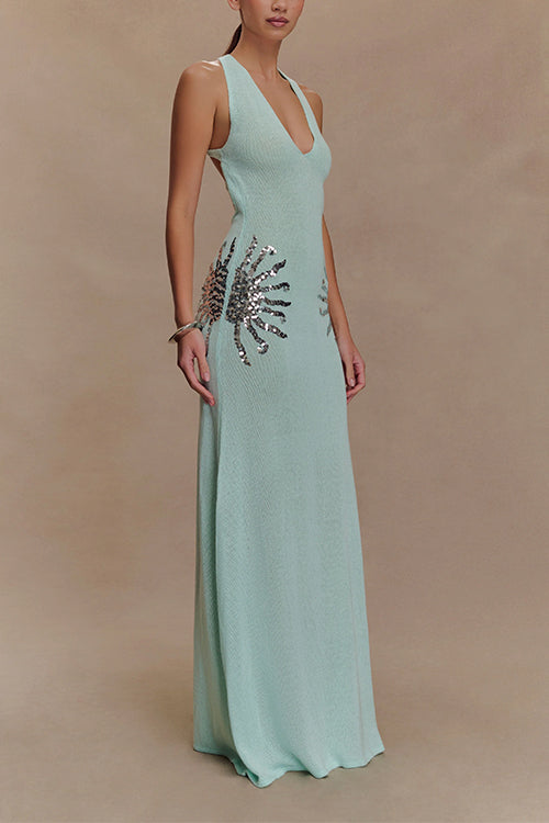 V Neck Sleeveless Open Back Knit Maxi Dress with Sequin