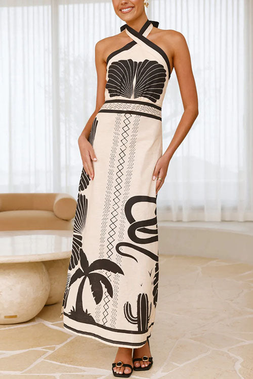 Karleedress Palm Canyon Print Criss Cross Halter Maxi Dress