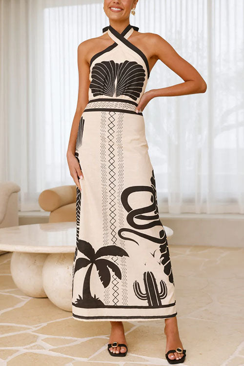 Karleedress Palm Canyon Print Criss Cross Halter Maxi Dress