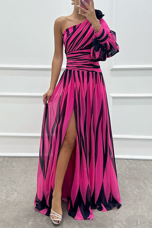 Karleedress One Shoulder Waisted Slit Printed Maxi Dress