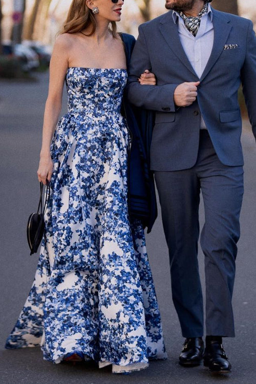 Karleedress Strapless Back Lace-up Print Maxi Party Dress