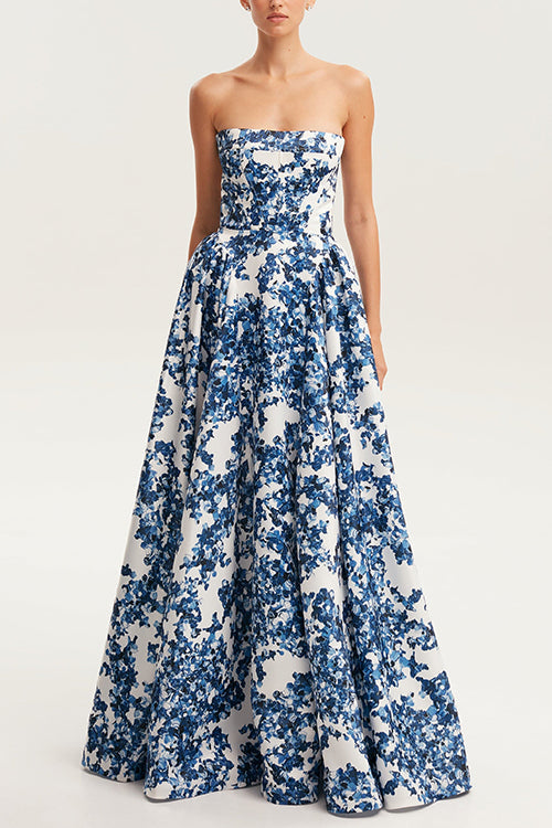 Karleedress Strapless Back Lace-up Print Maxi Party Dress