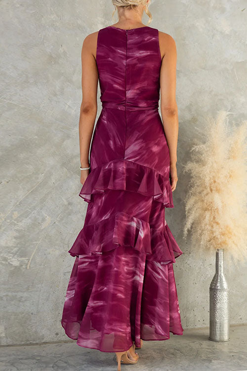 Sleeveless Ruffle Hem Tie Dye Maxi Dress