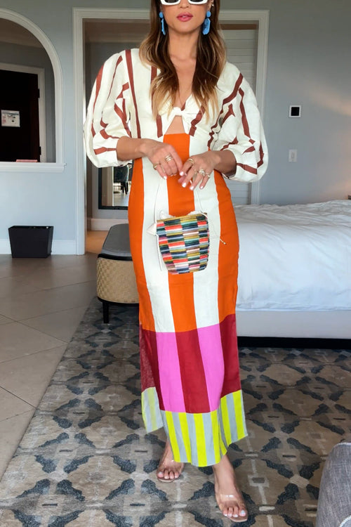 Karleedress Knot Front Cut Out Puff Sleeves Side Slit Printed Midi Dress