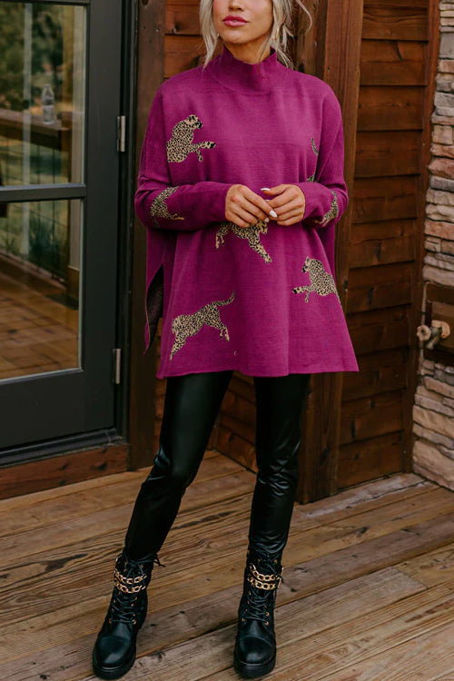 Karleedress High Neck Side Slit Cheetah Pattern Sweater