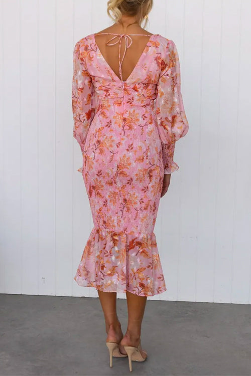 V Neck Long Sleeves Smocked Fairy Floral Mermaid Midi Dress