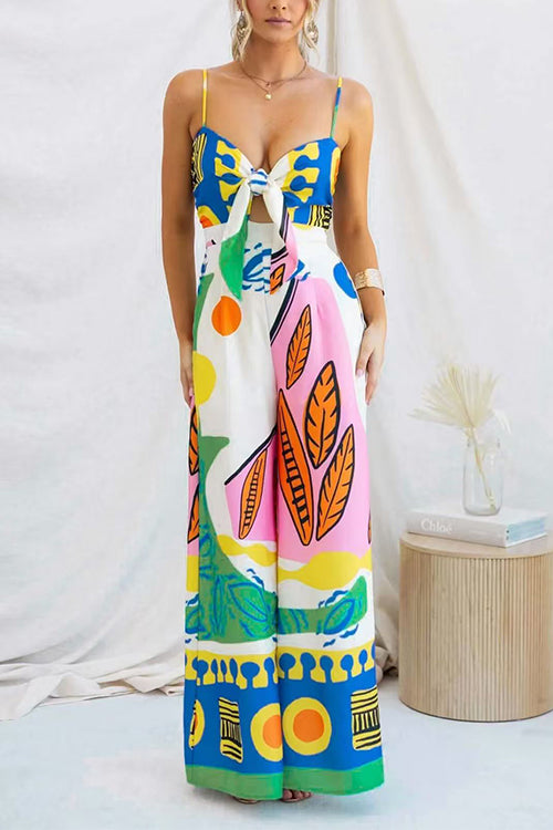 Karleedress Spaghetti Strap Cut Out Unique Print Wide Leg Jumpsuit