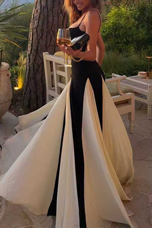 Karleedress Spaghetti Strap Low Cut Color Block Swing Maxi Dress