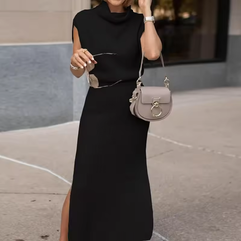 Cowl Neck Waisted Side Slit Midi Sweater Dress