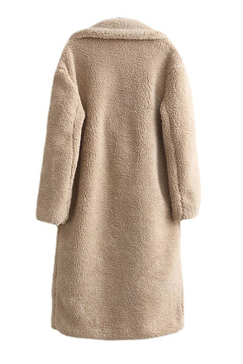 Karleedress Notch Lapel Double Breasted Pocketed Fuzzy Fleece Coat