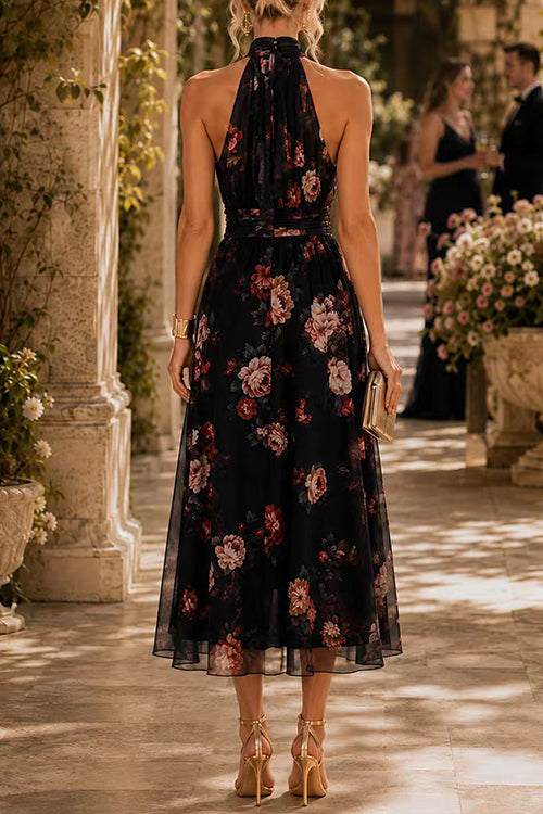 Karleedress Sleeveless High Waist Floral Print Flowy Midi Dress