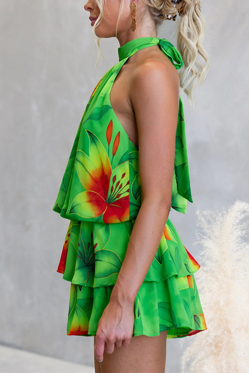 Halter Backless Floral Print Ruffle Romper