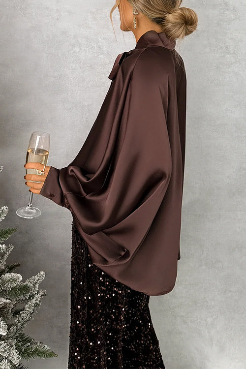 Chic Bow Neck Batwing Sleeves Satin Top