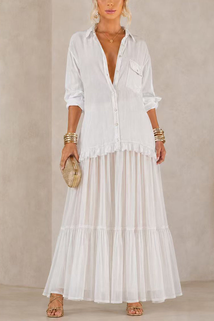 Karleedress Lapel Long Sleeves Organza Splice Ruffle Denim Maxi Dress