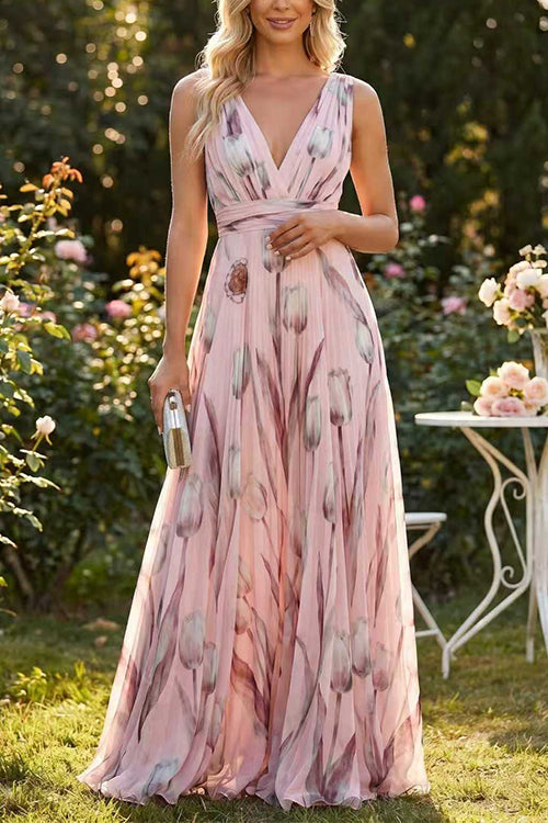 Deep V Neck Sleeveless Floral Print Swing Maxi Dress