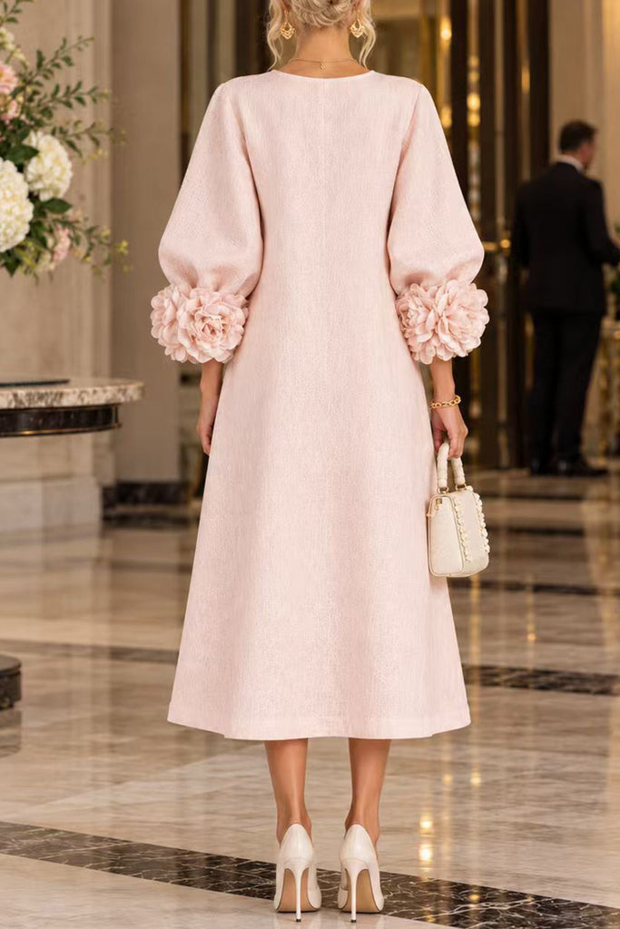 Karleedress Floral Applique Puff Sleeve A-Line Midi Dress