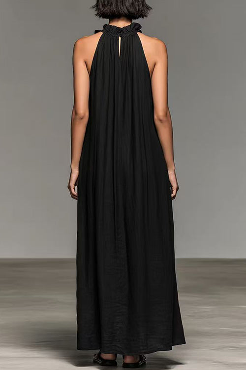 Karleedress Sleeveless Linen Blend Ruffle Pocketed Maxi Dress
