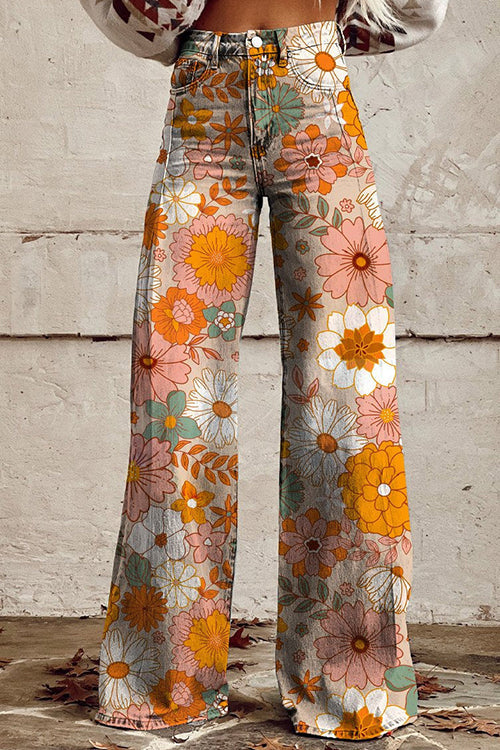Karleedress Vintage Floral Print Wide Leg Pants