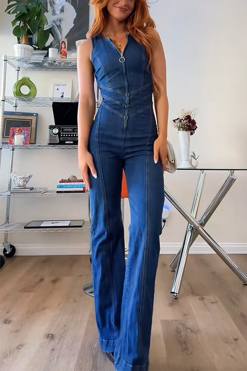 Karleedress Zip Up Sleeveless Heart Back Bell Bottom Denim Jumpsuit