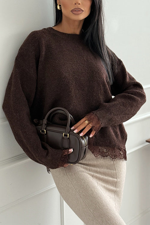 Crewneck Back Slit Lace Patchwork Sweater